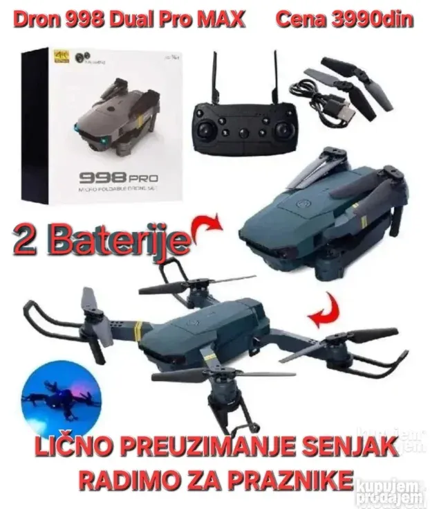 Dron 998 PRO sa 4K dual kamerom i dodatnom baterijom